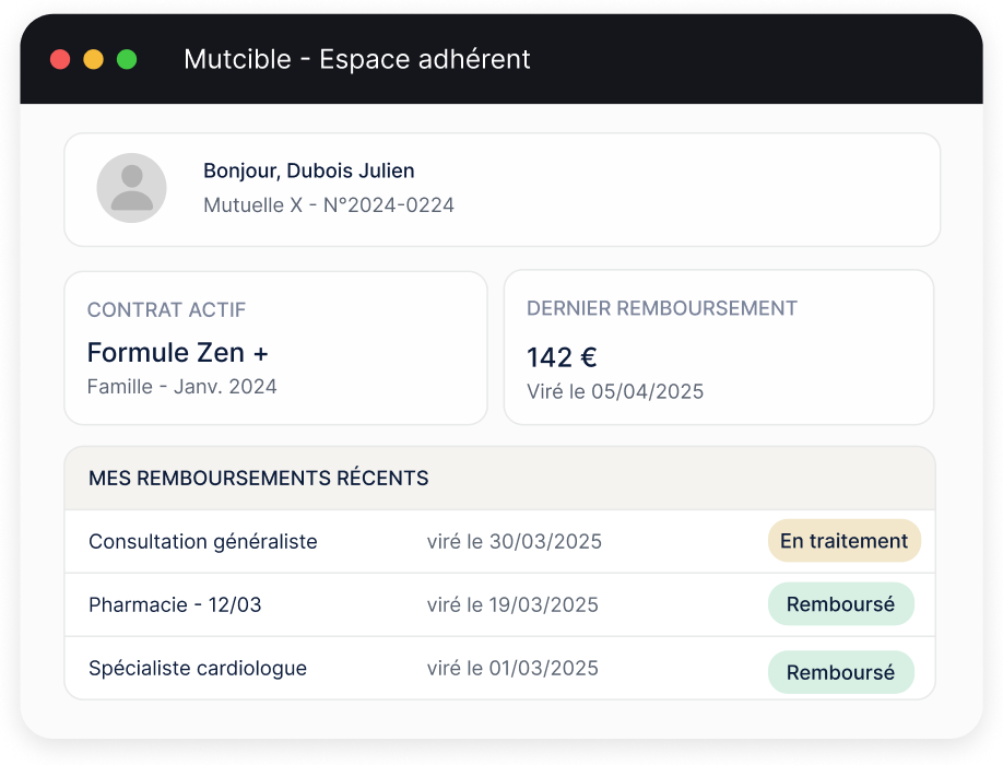 Espace adhérent Mutcible : contrat actif, dernier remboursement et liste des remboursements récents.