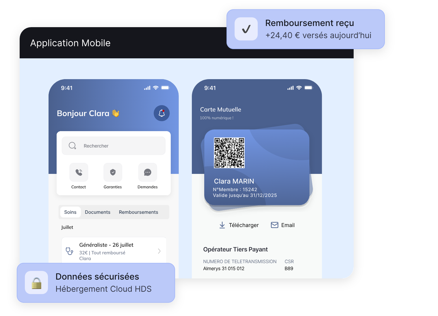 Application mobile de l'adhérent : accueil avec la recherche, le contact, les garanties, les demandes et le suivi des soins, puis la carte mutuelle numérique avec son QR code et les références de l'opérateur de tiers payant.