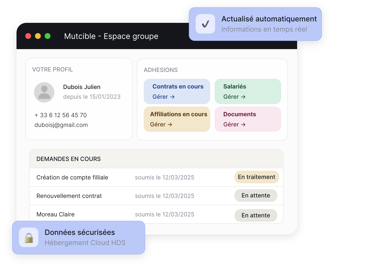 Espace groupe du portail : profil du correspondant, raccourcis vers les contrats en cours, les salariés, les affiliations et les documents, puis le suivi des demandes en cours.